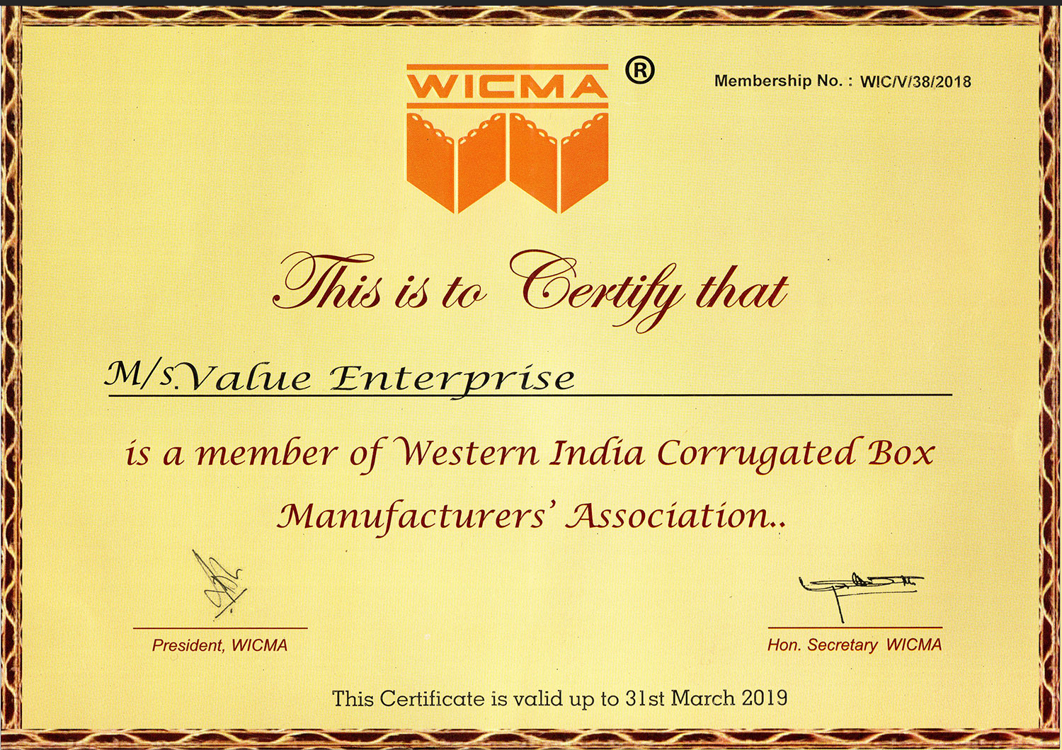 WICMA Certificate - Value Enterprise